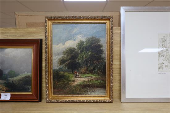 19th century English School, Landscape with figure, oil on board and another landscape signed W. Lewis, 1889